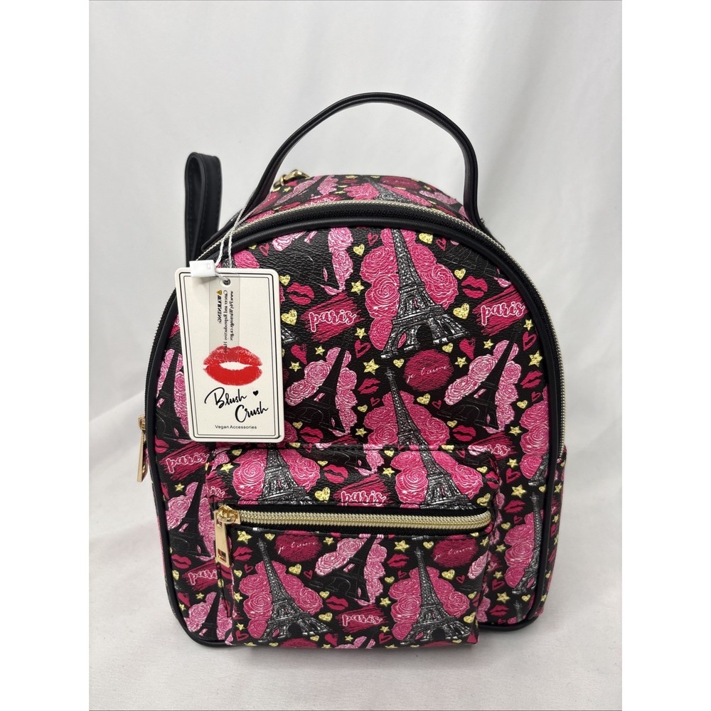 Blush Crush Paris Eiffel Tower Mini Backpack Purse Pink Black Coquette Girly Pop